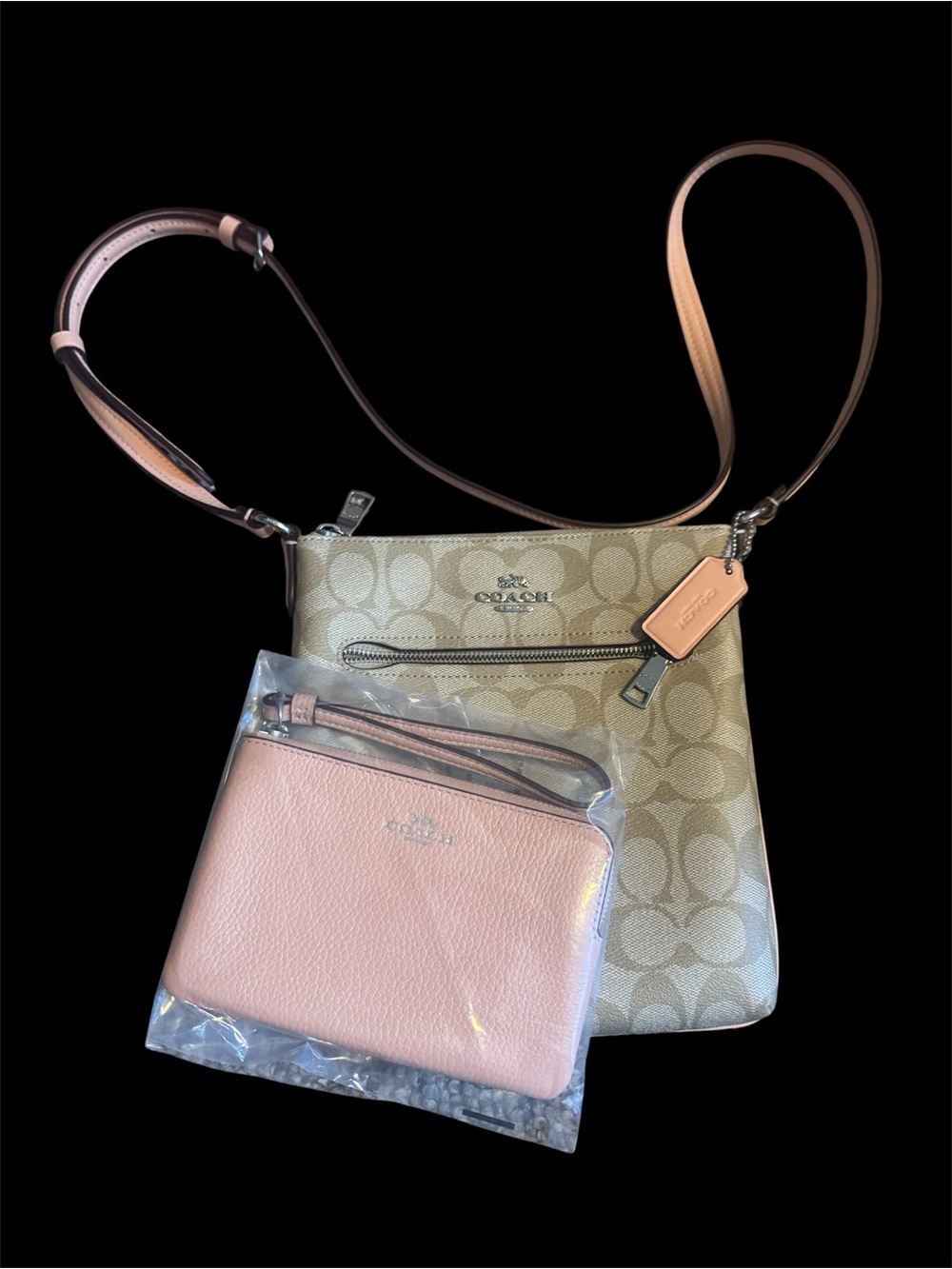 Coach Beige Signature Crossbody with Pink Wristlet